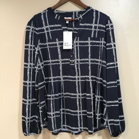 Kim Rogers Womens XL Long Sleeve Blouse Top Navy Windowpane Plaid Nautical NWT - Picture 1 of 10